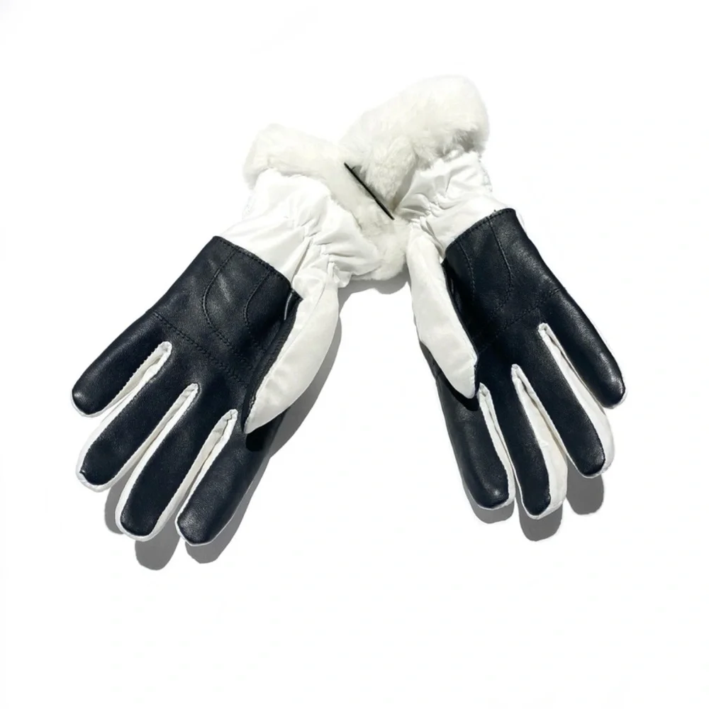 UGG White Black Quilted Shearling Trim & Leather Gloves NWT